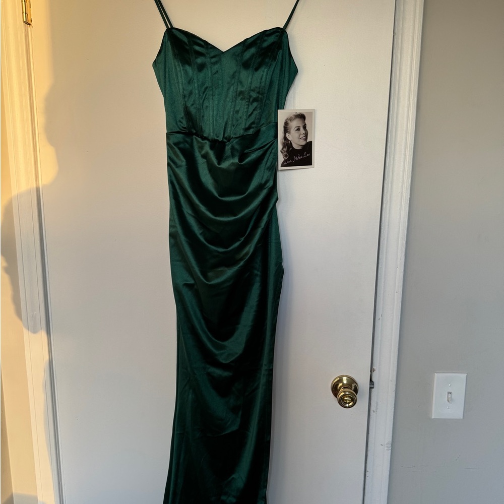 Emerald Green Satin Corset Maxi Dress with Side Slit – XS - Picture 13 of 13